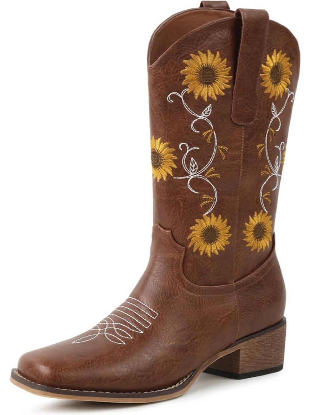 Women’s Tan Faux Fur Square Toe Cowboy Mid-Calf Sunflower Embroidery Heel